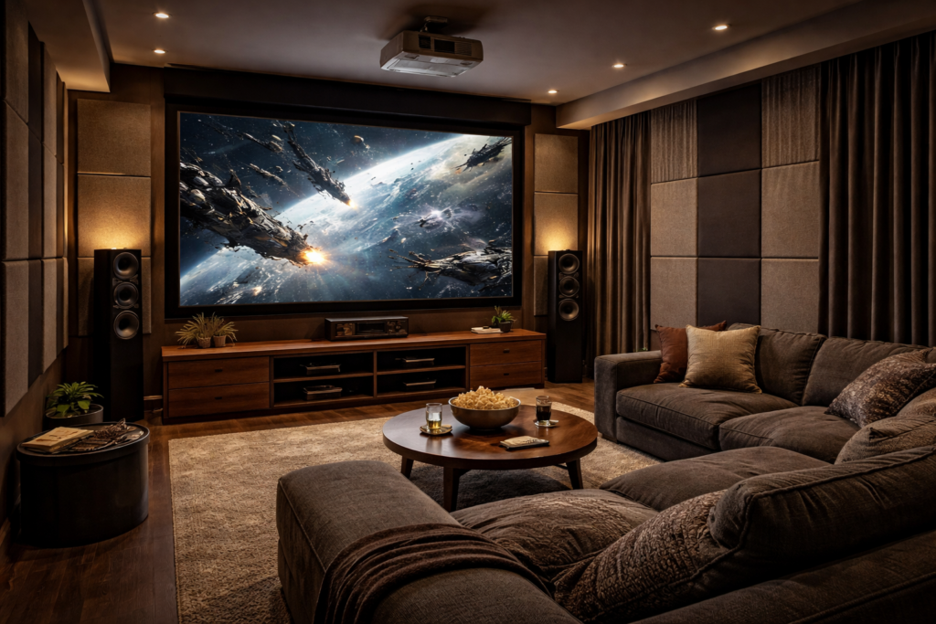 Sala de cinema em casa com projetor e iluminação controlada